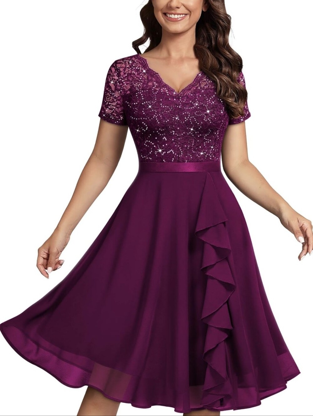Elegant Short Sleeve Lace & Chiffon Midi Dress in Purple